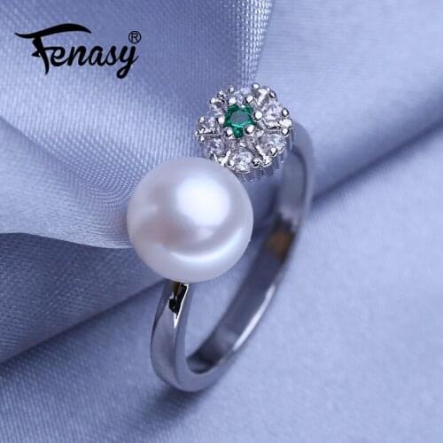 FENASY Natural Freshwater Pearl Rings For Women Bohemian Adjustable Gold Color Emerald Ring Female Party Wedding Jewelry