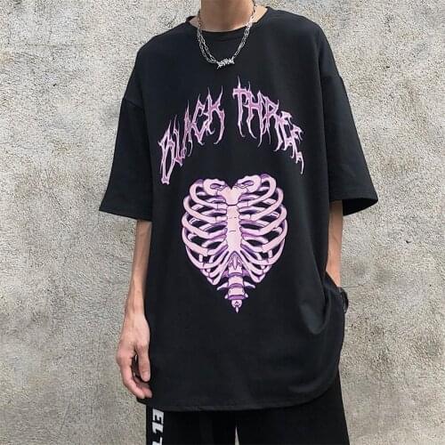 Black Heart Skull Print T-Shirt Male Funny Harajuku Loose Tee O-Neck Fashion Half Sleeve Oversize Tops Couple Gothic T Shirts