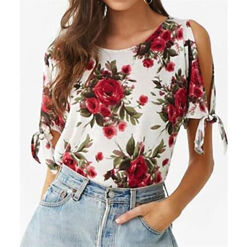 Floral Print T Shirt Women Summer Off Shoulder Top Short Sleeve Tshirt Fashion Ladies O Neck T-shirt Hollow Out Leisure Top