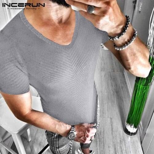 INCERUN 2021 European American Mens Fashion Camisa Loose Casual Solid Color Striped Small V-neck Short-sleeved T-shirt S-5XL