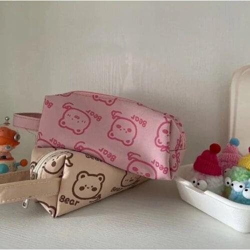 Ins Cartoon Cute Bear Pink Khaki Pencil Bag Nylon Large Capacity Stationery Girl Cosmetics Storage Bag School Supplies Portable