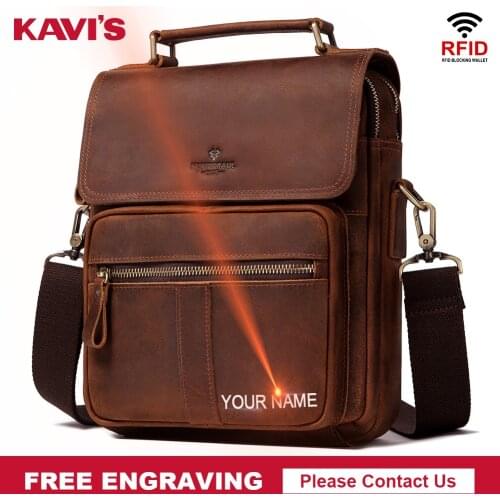 KAVIS Engraving Mens Crossbody Shoulder Bags High Quality Tote Fashion Business Man Messenger Bag Genuine Leather Capacity