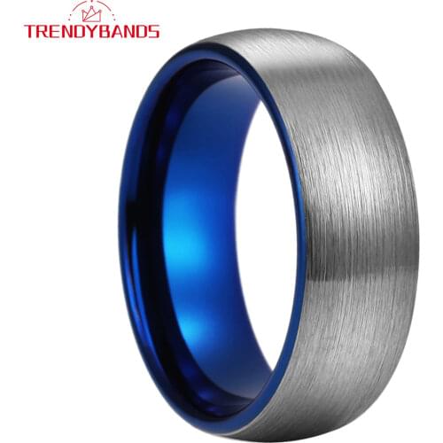 6MM 8MM Blue Tungsten Carbide Rings Wedding Bands For Men Women Domed Brushed Finish Comfort Fit
