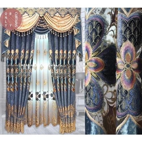 Royal classic aristocratic Blue embroidered high quality Blackout Curtains for Living Room with luxury Voile Curtain for Bedroom