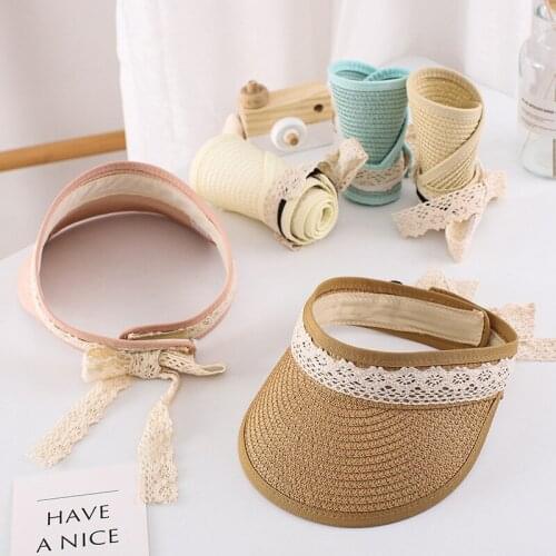Summer New Kids Girls Visor Cap Straw Hat Lace Trim Sun-Resistant Baseball Hat with Bowknot for Summer Fall Beach Caps