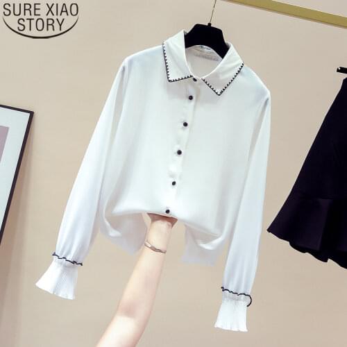 Korean Fashion Loose Chiffon Shirt Elegant Women Tops Long Sleeve Shirt and Blouse Women Office Lady POLO Collar Clothing 11225