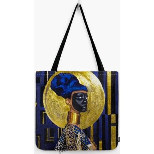 Fashional Metallic Gold Black Africa Woman Abstract Oil Painting Art Water Resistant Linen Shoulder Shopper Tote Bag Canvas Bag
