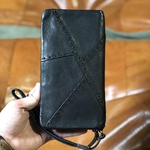 Retro fashion luxury first layer cowhide mens black stitching long wallet Minimalist business card holder card hand Clutch bag