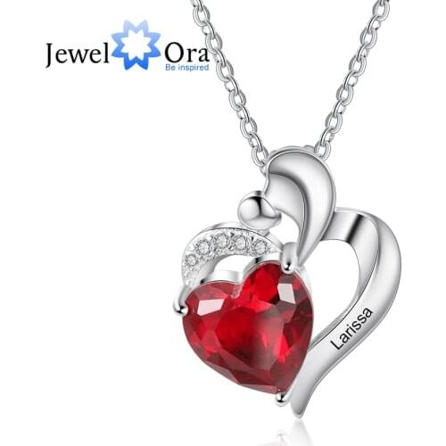 JewelOra Customized Mother Kids Necklace with Heart Birthstone Personalized Engraved Name Pendant Mothers Day Gift for Her