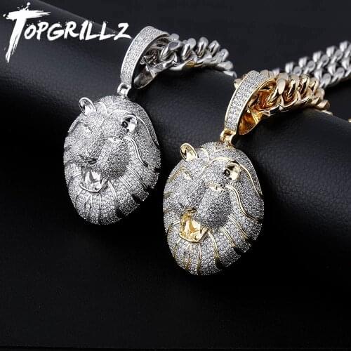 TOPGRILLZ Gold Silver Color Iced Cubic Zirconia Animal Lion Pendant Necklace Mens Ladies Hip Hop Jewelry Gift