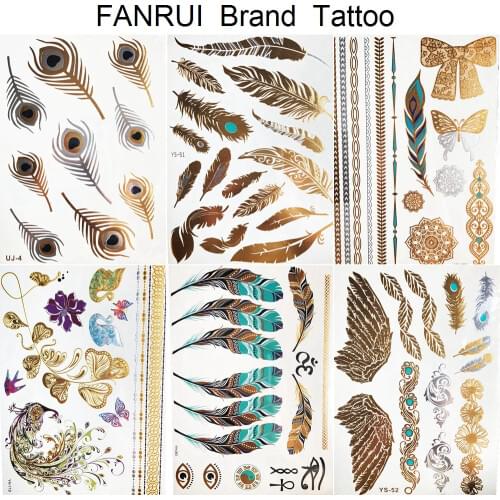 Gold Metallic Flash Tattoo Indians Feanther Tribal Temporary Tattoo Sticker Women Leg Body Arm Art Transferable Tatto Girl Chest