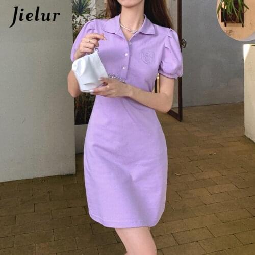 Jielur Purple Polo Collar Dresses Women Loose Short-sleeve T-shirt Dresses Female Shirring High Waist Summer Womens Dress S-L