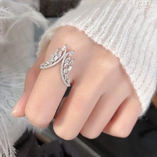 RAKOL Fashion Design Feather Cubic Zircon Engagement Open Pearl Angel Wing Rings for Women Bridal Adjust Pretty Unique Jewelry