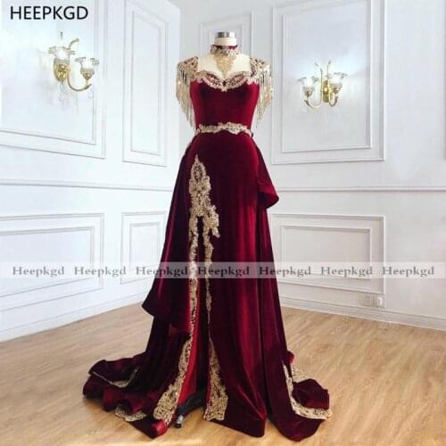 Long Burgundy Arabic Evening Formal Dress Gold Lace High Slit Velour Mermaid Prom Gowns Detachable Train Turkey Party Dresses