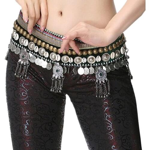 2018 Tribal Belly Dance Clothes Waist Hip Scarf Adjustable Fit Antique Bronze Beads Metal Coins Magic Sticker Chain Belt