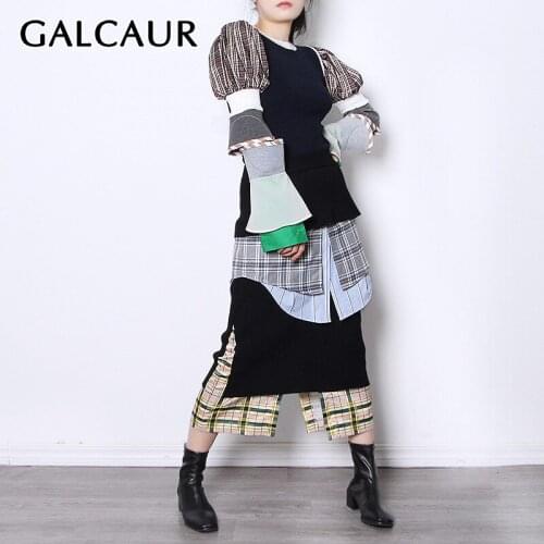 GALCAUR Knitting Sweaters For Women O Neck Puff Long Sleeve Hit Color Patchwork Ruffles Pullovers Female 2021 Autumn Clothes New