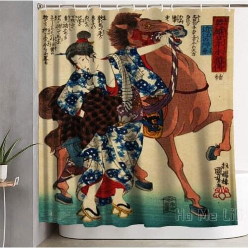 A Japanese Ukiyoe Woman Rides A Horse Design Waterproof Shower Curtain Bathroom Decor