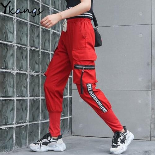 High Waist Plus Size Red Cargo Pants Women Big Pockets Elastic Letters Printed Side Stripe Streetwear Joggers Harem Pants Female