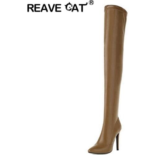 Reave Cat Sexy Luxury Party Over Knee High Boots PU Leather Zipper Pointed Toe 12cm Stileeto Heel Ladies Plus Size 49 S2464