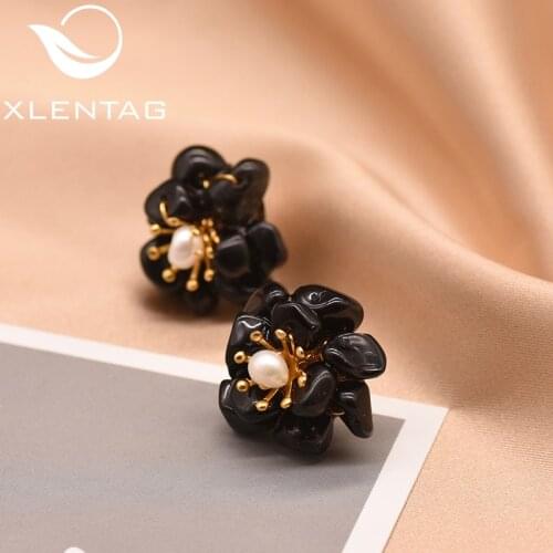 XlentAg Natural Black Agate Pearl Stud Earrings For Women Birthday Day Gift 925 Sterling Silver Flower Earrings Jewelry GE0780G