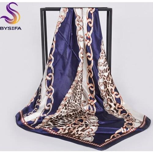 [BYSIFA] Satin Silk Scarf For Women New Chain Leoarp Print Scarves Shawls Luxury Brand Satin Square Hijab Scarf Bufanda 90*90
