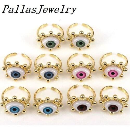 10Pcs Gold Plated Colorful Enamel Eye Rings, Trendy Gold Rings, Enamel Adjustable Ring For Women Girls Simple Jewelry