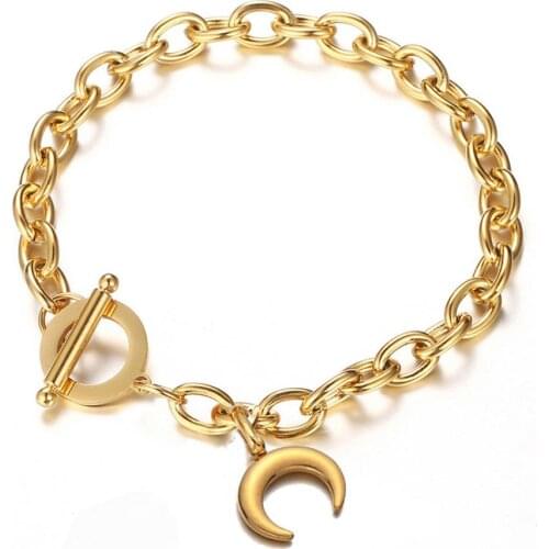 2021 New Fashion Women Party Jewelry Golden Punk Moon Pendant Stainless Steel Bracelets & Bangles for Women Girl Wedding Gift