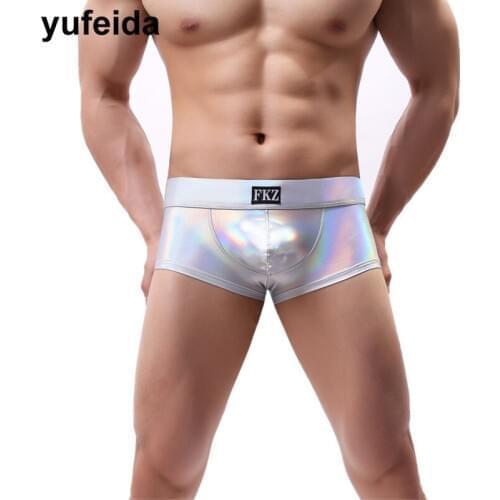 Shiny Faux Leather Mens Underwear Boxers Bulge Pouch Stage Party Dance Clubwear Male Gay Boxer Shorts Trunks Underpants Panties