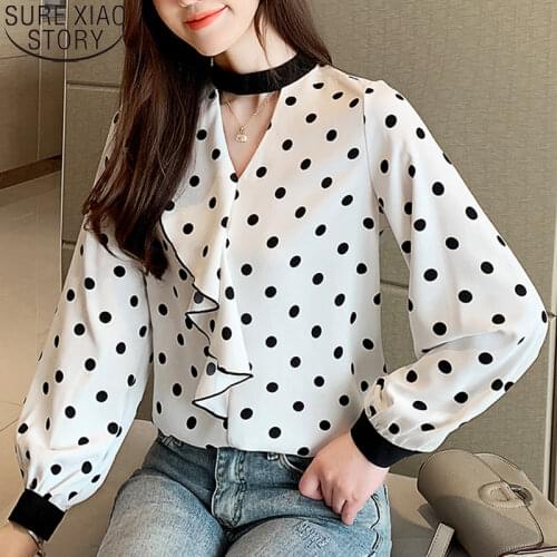 Polka Dot Print Chiffon Blouses Women Autumn 2021 Fashion Hollow Ruffles Women Long Sleeve Shirts Womens Tops and Blouses 10700