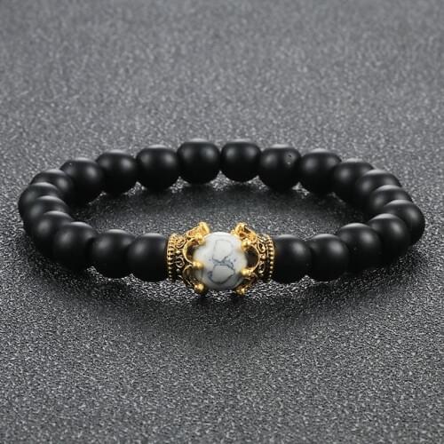 Crown Beaded Charm Bracelets Men 8mm Natural Stone Lava Black Matte Tiger Eye Beads Bracelet for Women Yoga Jewelry Gift Friends