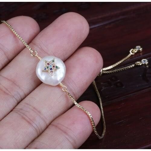 Rainbow mix cz tiny star charm freshwater pearl bead charms dainty gold thin link bracelets for women wedding birthday gift