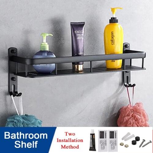 Black Bathroom Shelf with Two Hooks Aluminum Shower Caddy Corner Shelves Bath Floating Rack with Hook Hair Dryer Holder etagere