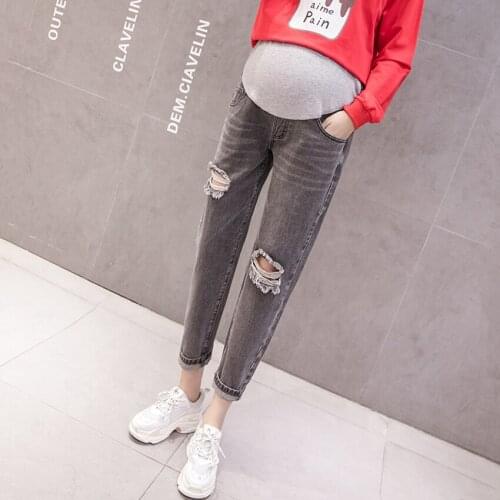 Maternity jeans loose holes pregnant women stomach lift jeans wild fashion maternity dress nine points