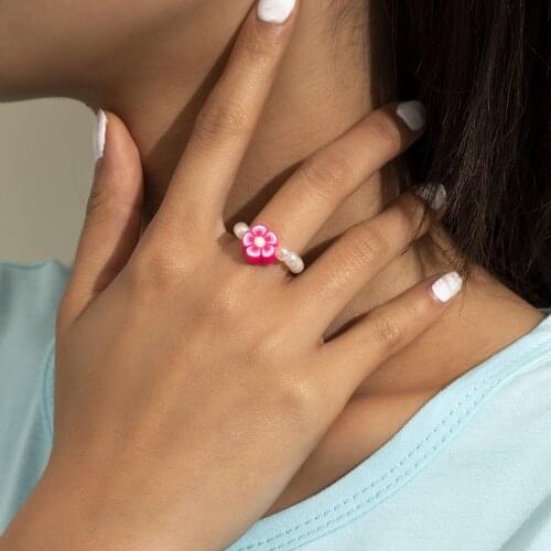 European and American Jewelry Pastoral Temperament Fresh Soft Pottery Flower Retro Baroque Imitation Pearl Ring for Female