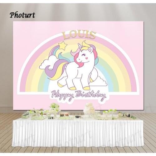 PHOTURT Unicorn Party Backdrop Girls Birthday Photography Banner Pink Rainbow Cloud Custom Photo Background Decorate Props
