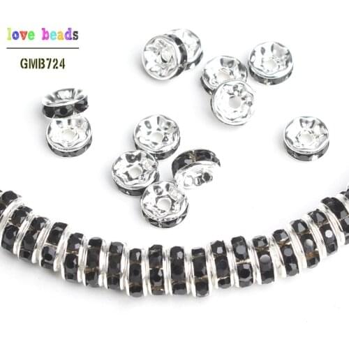 6/8mm Metal Silver Color Black Crystal Rhinestone Rondelle Spacer Loose Beads DIY Jewelry Making Accessories 100/200/300pcs/lot
