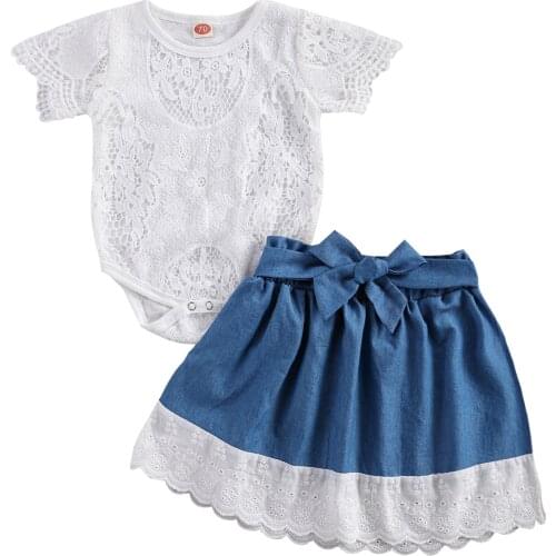 0-24M Infant Baby Girl Summer Outfits Short Sleeve Floral Lace Bodysuit + Tie Knot Front Denim Skirt 2Pcs Clothes Set