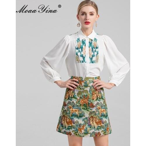 MoaaYina Fashion Designer Autumn Suit Women Turn-down Collar Long Sleeve Shirts and Jacquard Short Skirt Two Piece Set