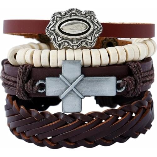 Casual Brown Punk 4 Pcs/set White Beads Alloy Cross Charm Men Leather Bracelets For Women Homme Femme Jewelry Accessories