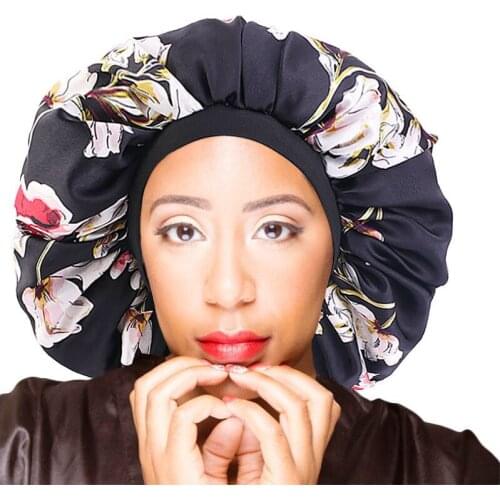 New Women Big Size Beauty Print Satin Silk Wide Bonnet Sleep Night Cap Head Cover Bonnet Hat for Curly Springy Hair Black