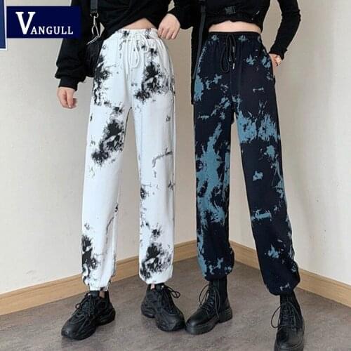 Vangull Fashion Tie Dye Women Pants Loose Plus Size High Waist Trousers Female Elastic Waist Lace Up Pencil Pants Sports Pants