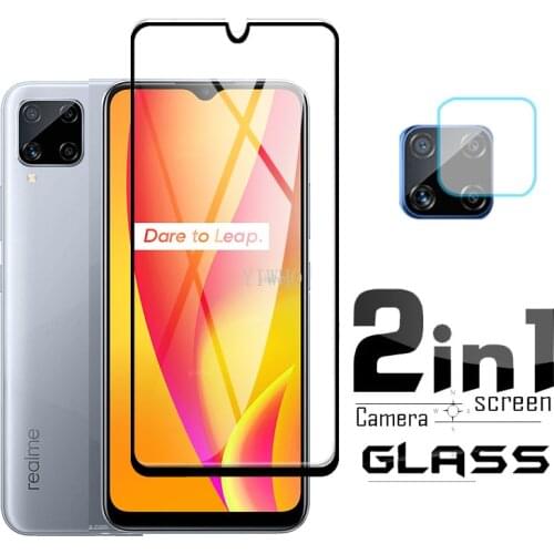 2-in-1 Protective Glass on Realme C15 Tempered Glass For Oppo Realme c 15 Screen Protector Camera Lens Phone RMX2180 black Film