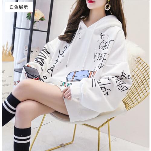 Thin /plus velvet thick Korean hooded women 2021 autumn and winter graffiti loose lazy style streetwear Ulzzang Swag y2k clothes