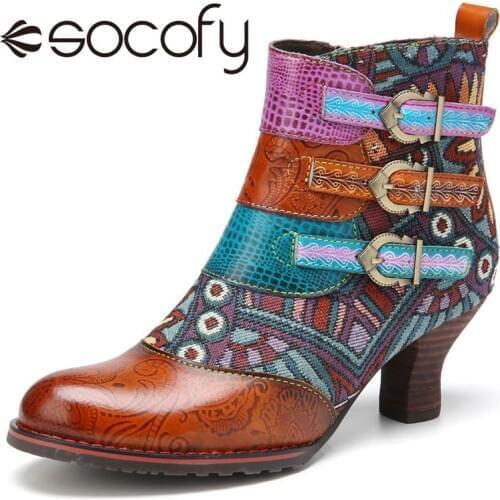 SOCOFY Women Ankle Boots Lace Buckle Genuine Leather Zipper Ankle Boots Block Heel Shoes Casual Warm Shoes botas de mujer 2020