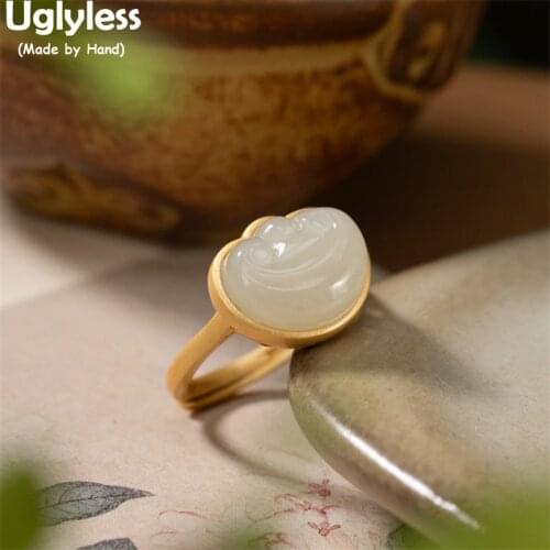 Uglyless China Chic RUYI Ethnic Jewelry for Women Natural Gemstones Hotan Jade Rings Glossy Silver 925 Silver Vintage Open Rings
