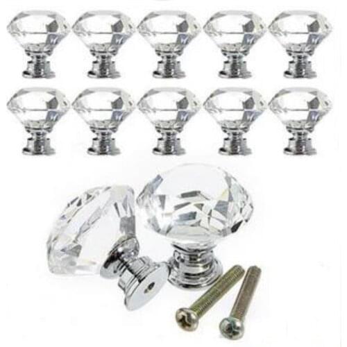 10 pcs Clear Crystal Glass Diamond Cut Door Knobs Cabinet Drawer handle