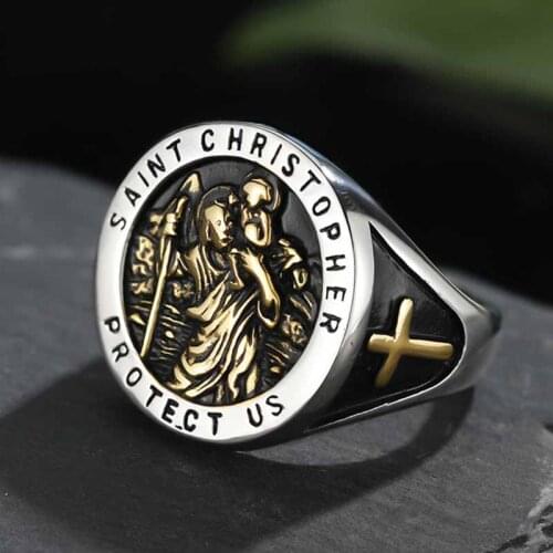 Men Boy Cross Saint Michael Protect US 316L Stainless Steel Cool Round Ring Newest Free Shipping Two Choices Party Gold Anel 195