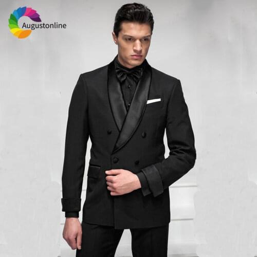 Double Breasted Groom Tuxedo Black Shawl Lapel Slim Fit Men Wedding Suits Formal Costume Homme Best Man Blazer Jacket 2 Piece