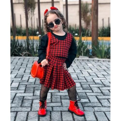 FOCUSNORM 2 Colors 0-5Y Autumn Kids Girls Fashion Clothes Sets 3pcs Plaid Printed Waistcoat+Long Sleeve Solid Tops+A-Line Skirts
