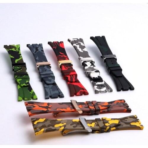 26mm Quality Camo Gray Red Camoflag Soft Silicone Rubber Watch Band Deployment Folding Clasp For AP Royal Oak Bracelet Strap